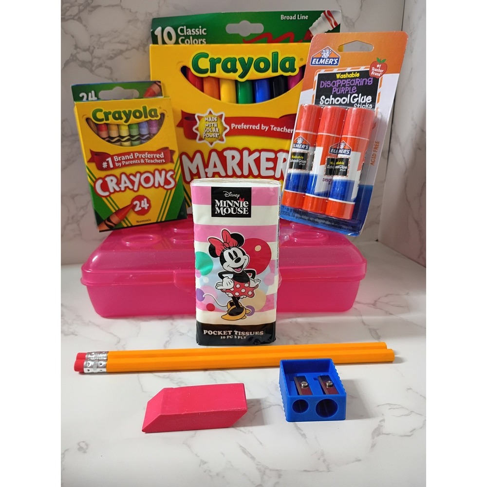 Back to School Kit - Box, Markers, Crayons, Glue, Pencils, Eraser, Sharpener NWT
